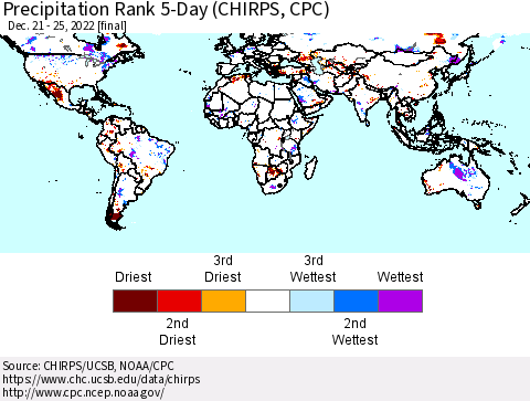 World Precipitation Rank since 1981, 5-Day (CHIRPS) Thematic Map For 12/21/2022 - 12/25/2022
