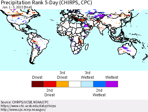World Precipitation Rank since 1981, 5-Day (CHIRPS) Thematic Map For 1/1/2023 - 1/5/2023