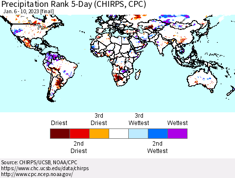 World Precipitation Rank since 1981, 5-Day (CHIRPS) Thematic Map For 1/6/2023 - 1/10/2023