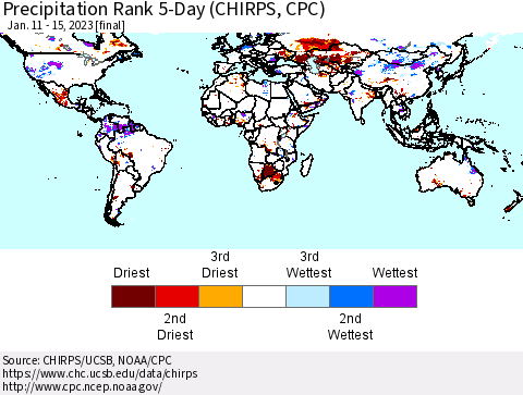 World Precipitation Rank since 1981, 5-Day (CHIRPS) Thematic Map For 1/11/2023 - 1/15/2023