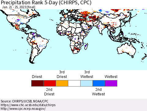 World Precipitation Rank since 1981, 5-Day (CHIRPS) Thematic Map For 1/21/2023 - 1/25/2023