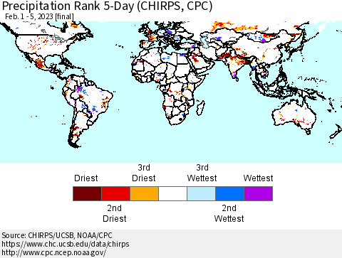 World Precipitation Rank since 1981, 5-Day (CHIRPS) Thematic Map For 2/1/2023 - 2/5/2023