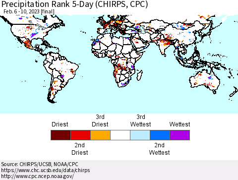 World Precipitation Rank since 1981, 5-Day (CHIRPS) Thematic Map For 2/6/2023 - 2/10/2023