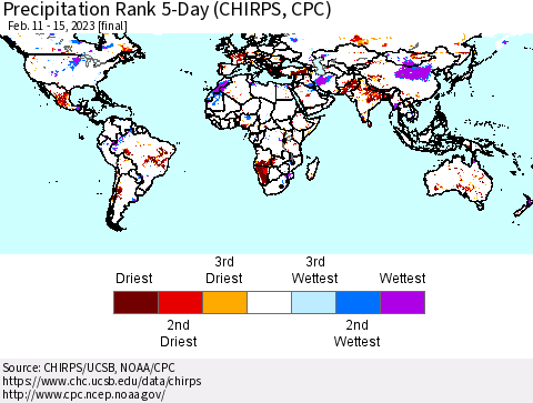 World Precipitation Rank since 1981, 5-Day (CHIRPS) Thematic Map For 2/11/2023 - 2/15/2023