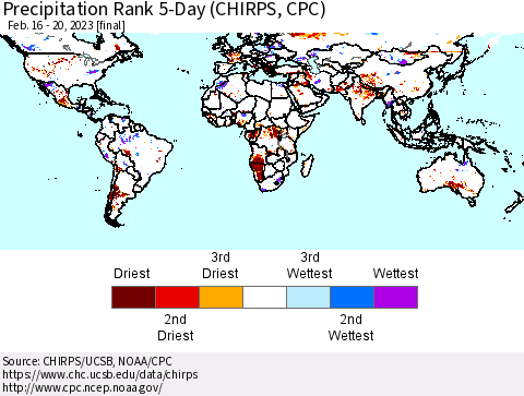 World Precipitation Rank since 1981, 5-Day (CHIRPS) Thematic Map For 2/16/2023 - 2/20/2023