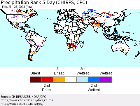 World Precipitation Rank since 1981, 5-Day (CHIRPS) Thematic Map For 2/21/2023 - 2/25/2023