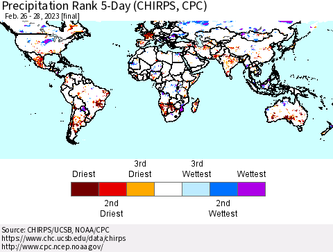 World Precipitation Rank since 1981, 5-Day (CHIRPS) Thematic Map For 2/26/2023 - 2/28/2023