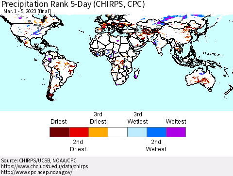 World Precipitation Rank since 1981, 5-Day (CHIRPS) Thematic Map For 3/1/2023 - 3/5/2023