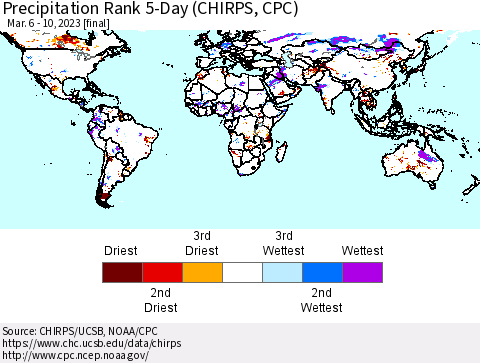 World Precipitation Rank since 1981, 5-Day (CHIRPS) Thematic Map For 3/6/2023 - 3/10/2023