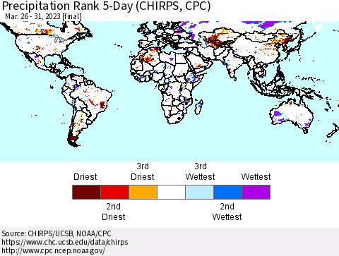 World Precipitation Rank since 1981, 5-Day (CHIRPS) Thematic Map For 3/26/2023 - 3/31/2023