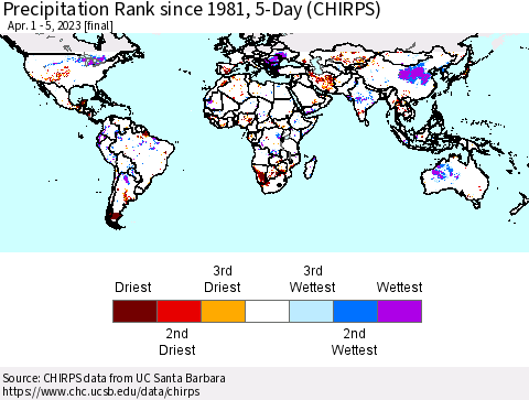 World Precipitation Rank since 1981, 5-Day (CHIRPS) Thematic Map For 4/1/2023 - 4/5/2023