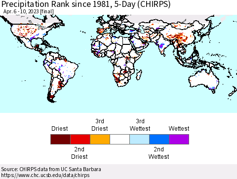 World Precipitation Rank since 1981, 5-Day (CHIRPS) Thematic Map For 4/6/2023 - 4/10/2023