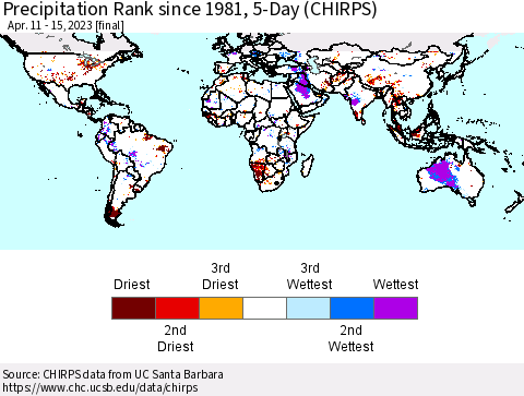 World Precipitation Rank since 1981, 5-Day (CHIRPS) Thematic Map For 4/11/2023 - 4/15/2023