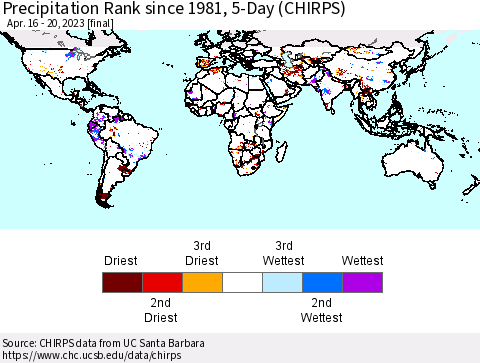 World Precipitation Rank since 1981, 5-Day (CHIRPS) Thematic Map For 4/16/2023 - 4/20/2023