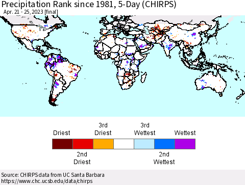 World Precipitation Rank since 1981, 5-Day (CHIRPS) Thematic Map For 4/21/2023 - 4/25/2023