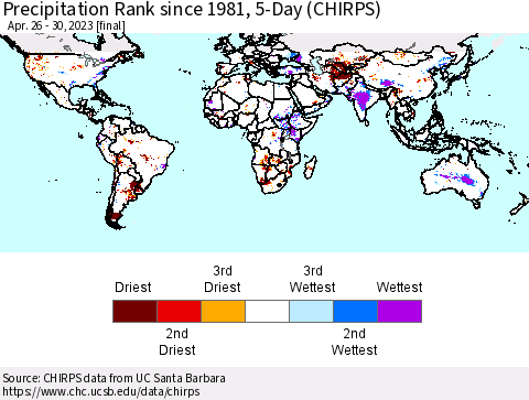 World Precipitation Rank since 1981, 5-Day (CHIRPS) Thematic Map For 4/26/2023 - 4/30/2023