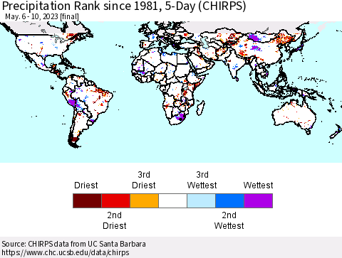 World Precipitation Rank since 1981, 5-Day (CHIRPS) Thematic Map For 5/6/2023 - 5/10/2023