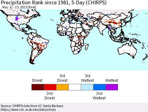 World Precipitation Rank since 1981, 5-Day (CHIRPS) Thematic Map For 5/11/2023 - 5/15/2023