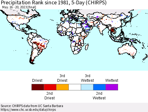 World Precipitation Rank since 1981, 5-Day (CHIRPS) Thematic Map For 5/16/2023 - 5/20/2023