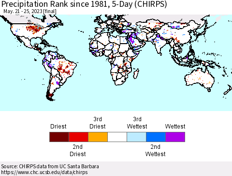 World Precipitation Rank since 1981, 5-Day (CHIRPS) Thematic Map For 5/21/2023 - 5/25/2023