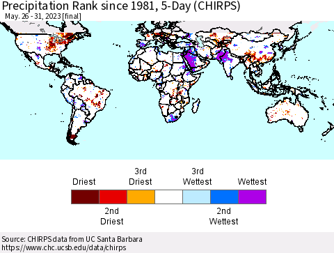 World Precipitation Rank since 1981, 5-Day (CHIRPS) Thematic Map For 5/26/2023 - 5/31/2023