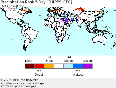World Precipitation Rank since 1981, 5-Day (CHIRPS) Thematic Map For 6/1/2023 - 6/5/2023
