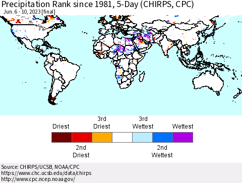 World Precipitation Rank since 1981, 5-Day (CHIRPS) Thematic Map For 6/6/2023 - 6/10/2023