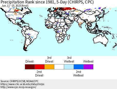 World Precipitation Rank since 1981, 5-Day (CHIRPS) Thematic Map For 6/11/2023 - 6/15/2023