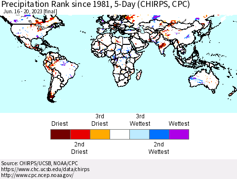 World Precipitation Rank since 1981, 5-Day (CHIRPS) Thematic Map For 6/16/2023 - 6/20/2023