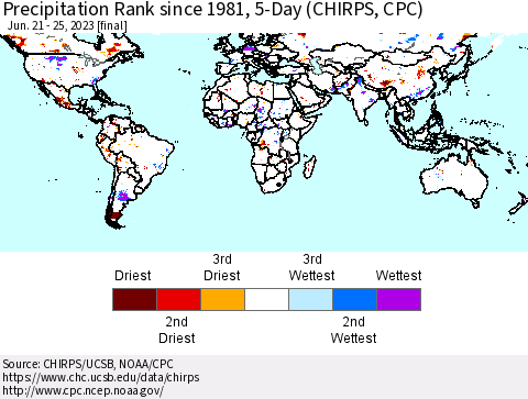 World Precipitation Rank since 1981, 5-Day (CHIRPS) Thematic Map For 6/21/2023 - 6/25/2023