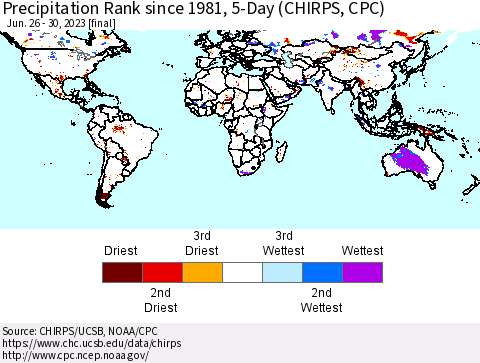 World Precipitation Rank since 1981, 5-Day (CHIRPS) Thematic Map For 6/26/2023 - 6/30/2023