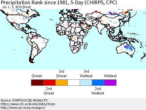 World Precipitation Rank since 1981, 5-Day (CHIRPS) Thematic Map For 7/1/2023 - 7/5/2023