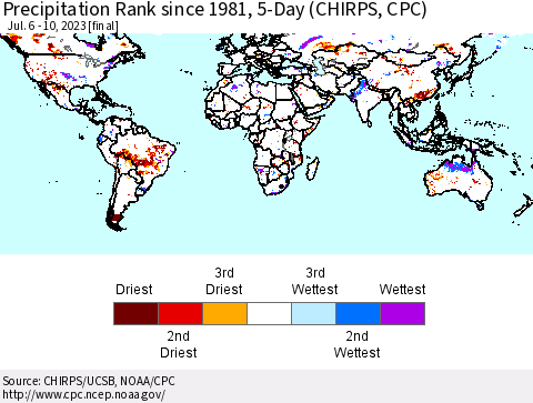 World Precipitation Rank since 1981, 5-Day (CHIRPS) Thematic Map For 7/6/2023 - 7/10/2023