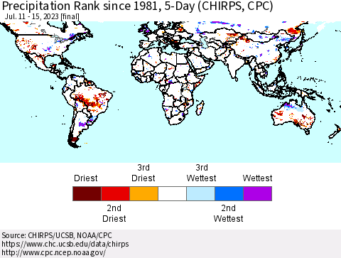 World Precipitation Rank since 1981, 5-Day (CHIRPS) Thematic Map For 7/11/2023 - 7/15/2023