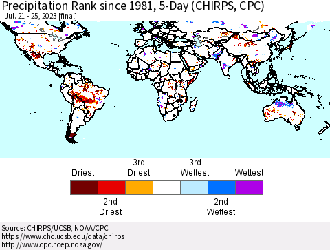 World Precipitation Rank since 1981, 5-Day (CHIRPS) Thematic Map For 7/21/2023 - 7/25/2023