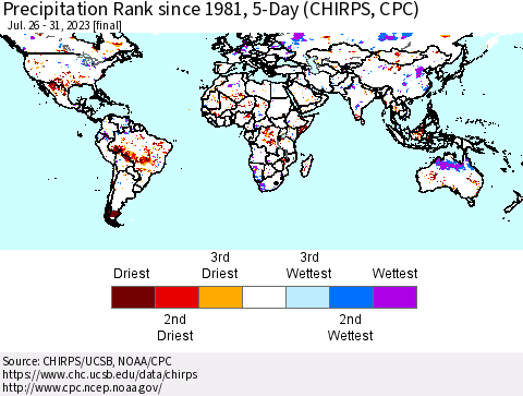 World Precipitation Rank since 1981, 5-Day (CHIRPS) Thematic Map For 7/26/2023 - 7/31/2023