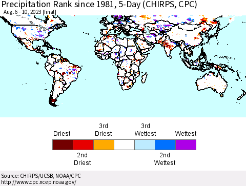 World Precipitation Rank since 1981, 5-Day (CHIRPS) Thematic Map For 8/6/2023 - 8/10/2023