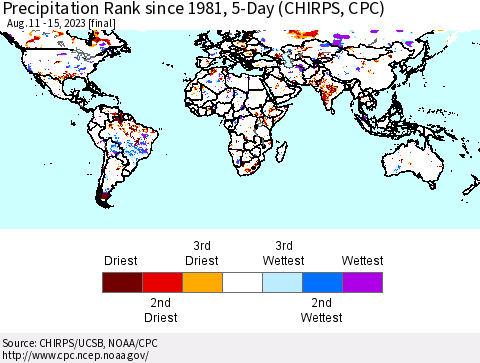 World Precipitation Rank since 1981, 5-Day (CHIRPS) Thematic Map For 8/11/2023 - 8/15/2023