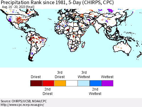 World Precipitation Rank since 1981, 5-Day (CHIRPS) Thematic Map For 8/16/2023 - 8/20/2023