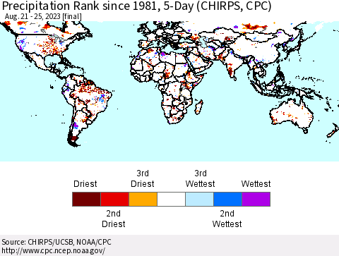 World Precipitation Rank since 1981, 5-Day (CHIRPS) Thematic Map For 8/21/2023 - 8/25/2023
