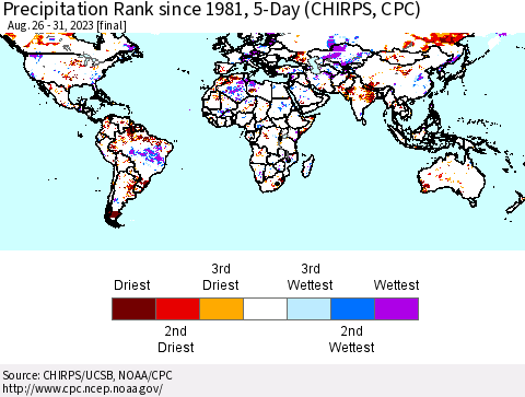 World Precipitation Rank since 1981, 5-Day (CHIRPS) Thematic Map For 8/26/2023 - 8/31/2023