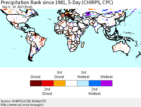 World Precipitation Rank since 1981, 5-Day (CHIRPS) Thematic Map For 9/6/2023 - 9/10/2023
