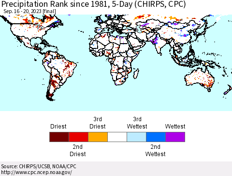 World Precipitation Rank since 1981, 5-Day (CHIRPS) Thematic Map For 9/16/2023 - 9/20/2023
