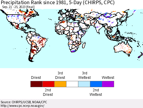 World Precipitation Rank since 1981, 5-Day (CHIRPS) Thematic Map For 9/21/2023 - 9/25/2023