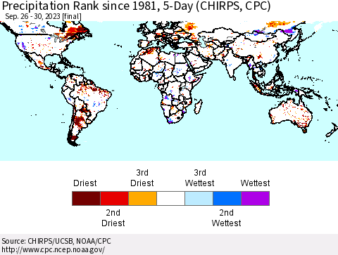 World Precipitation Rank since 1981, 5-Day (CHIRPS) Thematic Map For 9/26/2023 - 9/30/2023