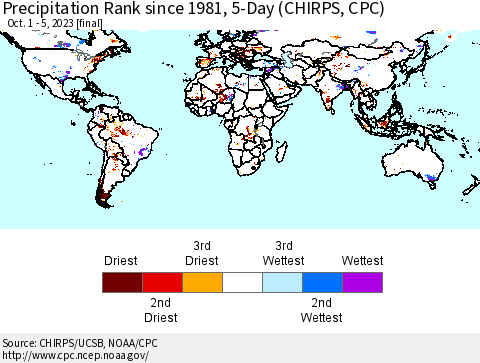 World Precipitation Rank since 1981, 5-Day (CHIRPS) Thematic Map For 10/1/2023 - 10/5/2023