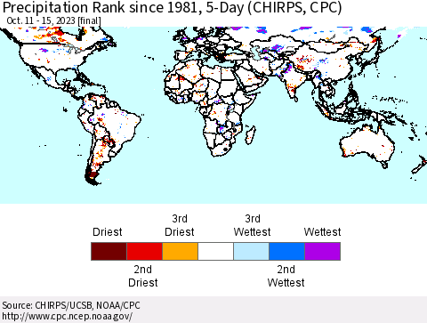 World Precipitation Rank since 1981, 5-Day (CHIRPS) Thematic Map For 10/11/2023 - 10/15/2023