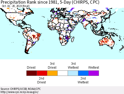 World Precipitation Rank since 1981, 5-Day (CHIRPS) Thematic Map For 10/16/2023 - 10/20/2023