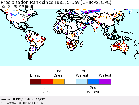World Precipitation Rank since 1981, 5-Day (CHIRPS) Thematic Map For 10/21/2023 - 10/25/2023