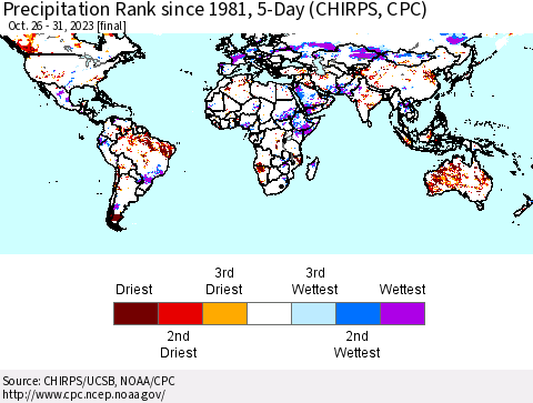World Precipitation Rank since 1981, 5-Day (CHIRPS) Thematic Map For 10/26/2023 - 10/31/2023
